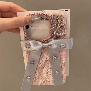 Alternative view of iphone16/16plus ケース リボン キラキラ ストーン iphone16pro/16promax ケース スマホケース 可愛い iphone ケース 人気 女子 韓国 iphone ケース ピンク パイソン柄