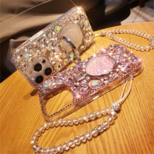 iphone17/17pro ケース ラインストーン iphone17promax/16pro ストラップ かわいい スマホケース おしゃれ キラキラ iphone15/14 ケース スタンド 付き iphone14pro/13 ケース 女子 人気